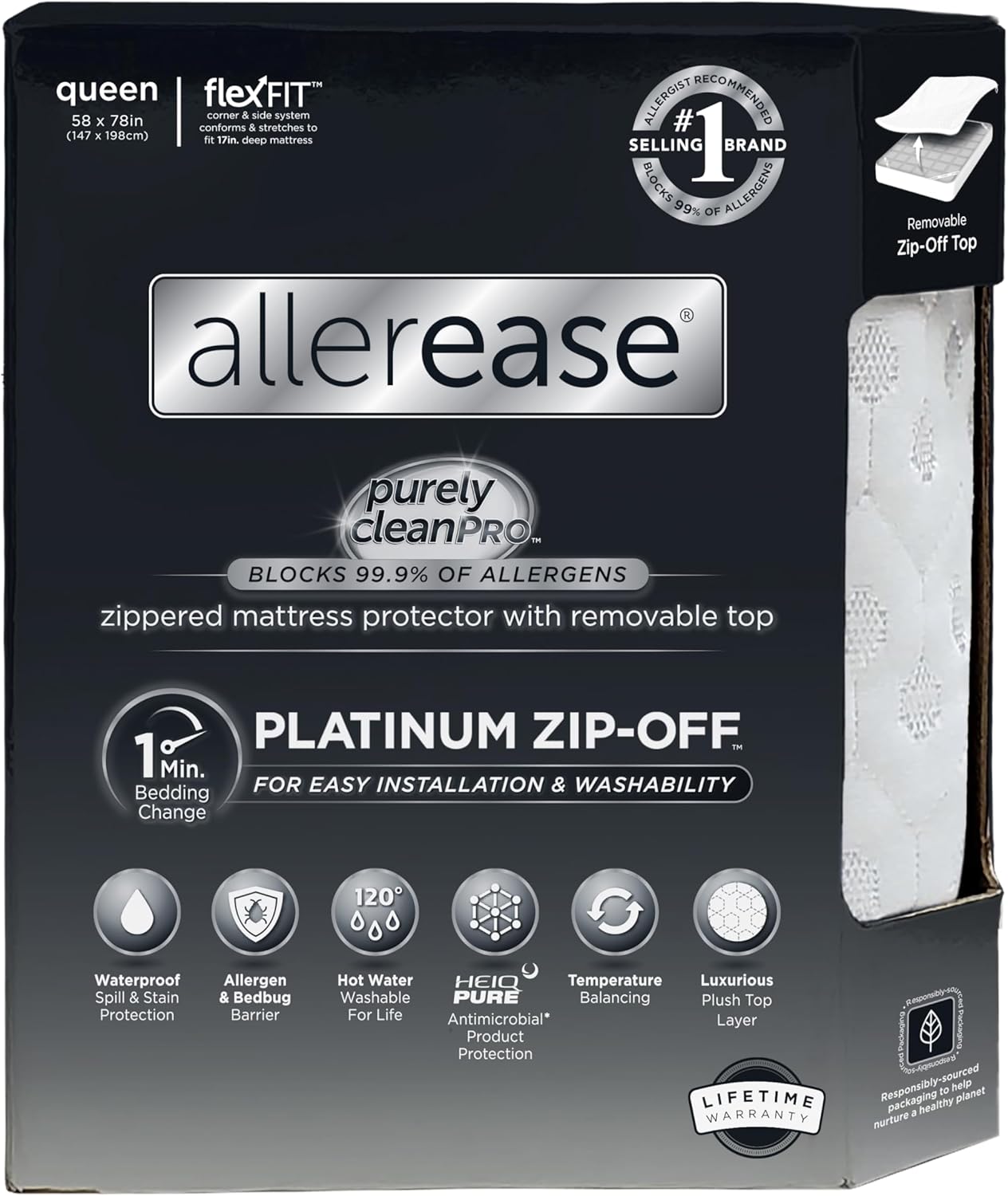 AllerEase Platinum Zip-Off Top Waterproof Mattress Protector Queen Size 360 Degree Zipper Allergen Barrier Temperature Balancing Luxurious Plush Top Separately Machine Washable Mattress Cover (White)