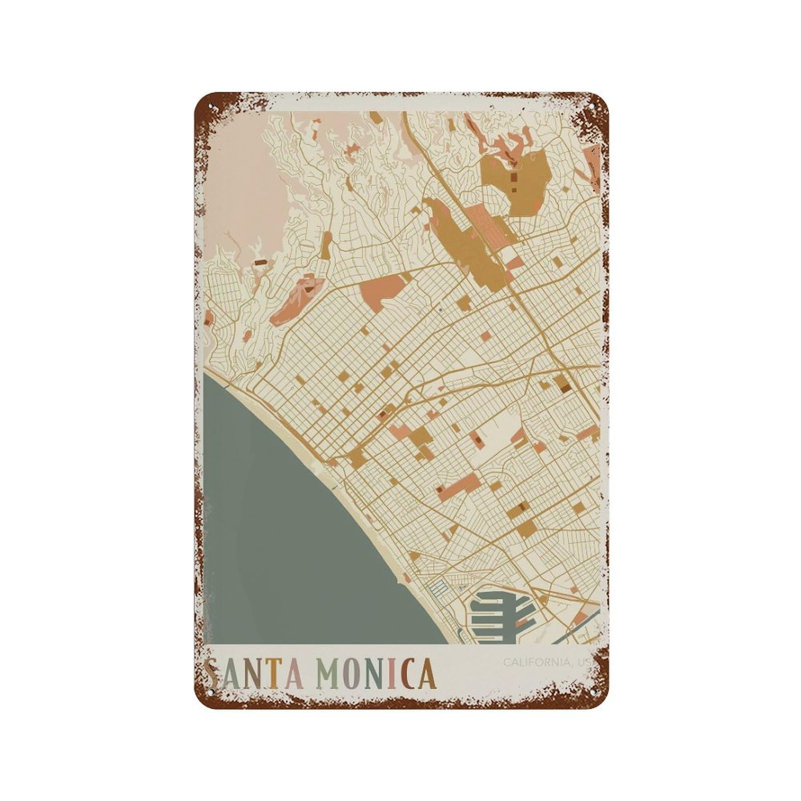 xiaoxiaoshen Santa Monica Map California Travel Gift Boho Wall Decor Art Metal Tin Poster Modern Home Decor Art Home Bar Shop Decorations Vintage Sign 30x20cm