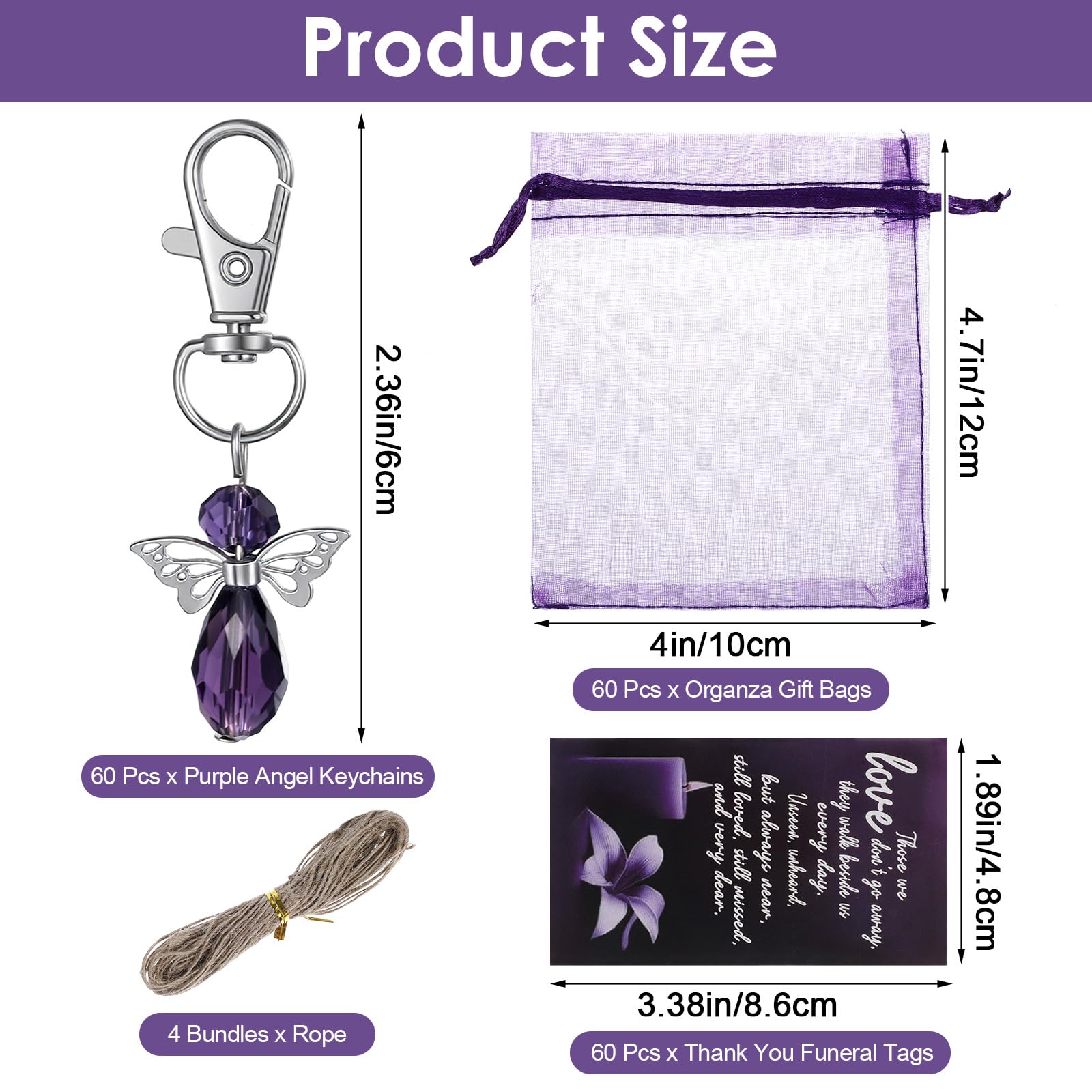 Set di 60 bomboniere funerarie, portachiavi viola con strass con biglietti di ringraziamento e sacchetti in organza da 10 x 10 cm, regali per ospiti, simpatia e ringraziamento