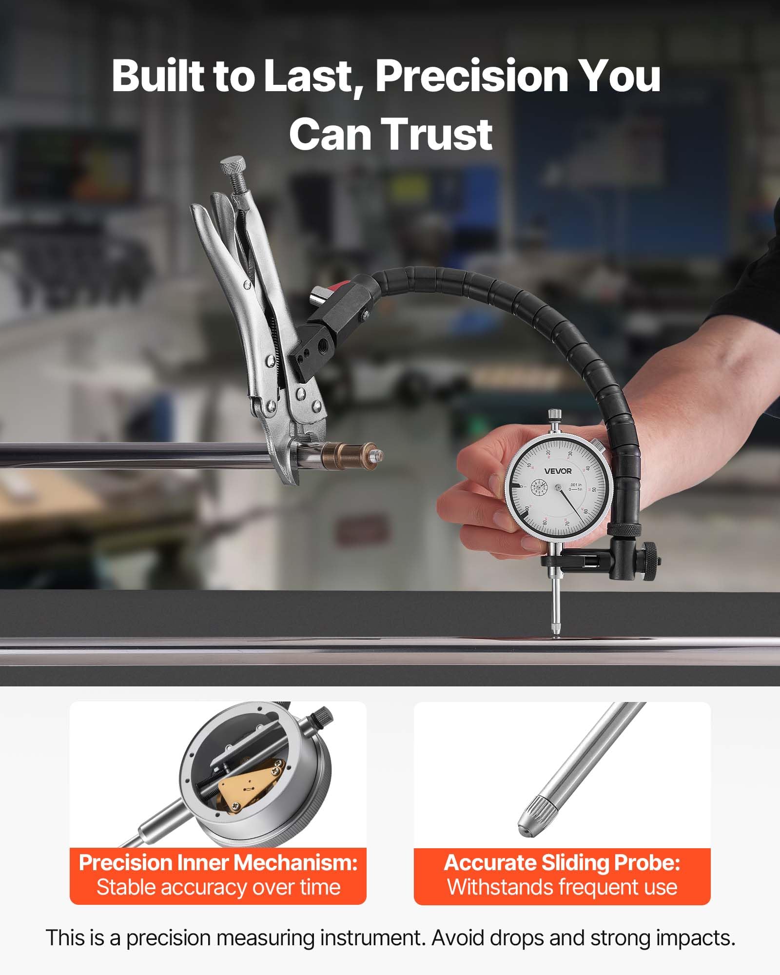VEVOR Indicateur de test à cadran avec bras flexible 360° et pince de verrouillage 360°, comparateur à cadran, précision 0,03 mm, plage de mesure de 0 à 25,4 mm, avec étui de rangement, pour usinage