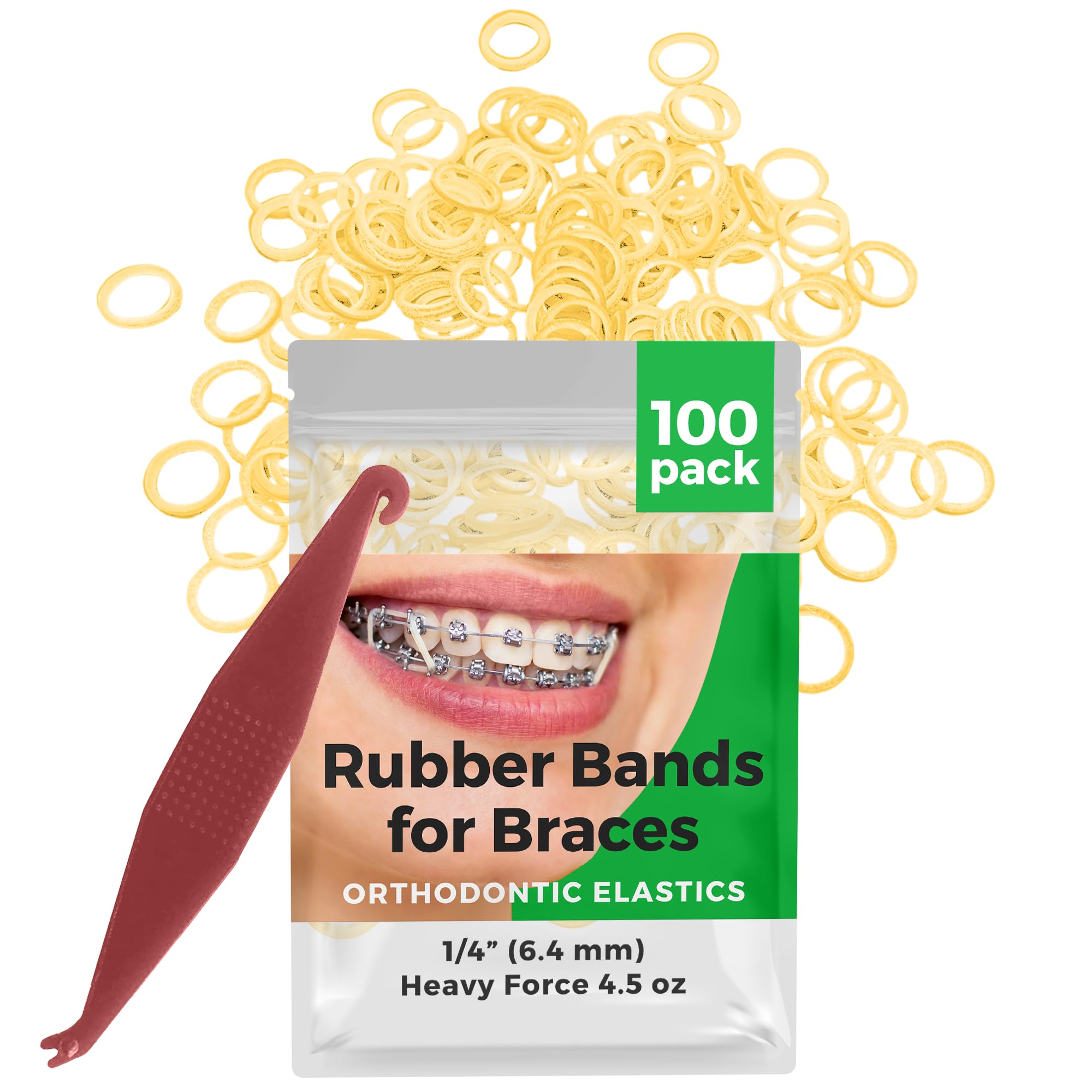 Prairie Horse Supply 1/4 Inch Orthodontic Elastic Rubber Bands, 100 Pack, Natural, Heavy 4.5 ounce Small Rubberbands Dreadlocks Hair Braids Fix Tooth Gap, Free Elastic Placer for Braces