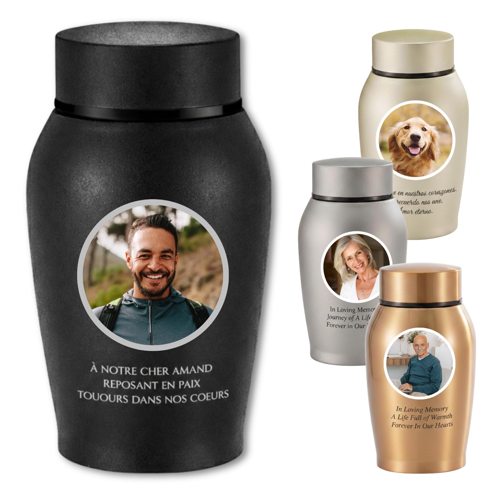 Personalized Titanium Steel Keepsake Cremation Urn for Human Ashes | Custom Color Portrait & Crystal Raised Lettering | Handcrafted Small Memorial Urn (2, Black)
