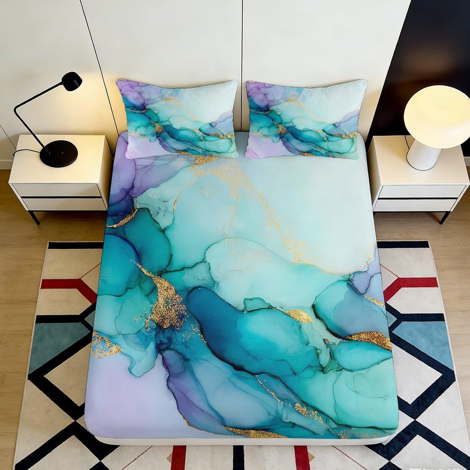 Pnayamiorkfel Style-5 3D Printed Aqua Marble Fitted Sheet Microfiber Soft Breathable Abstract Gold Veins Bed Cover For Bedroom Home Decor 90X200x25cm