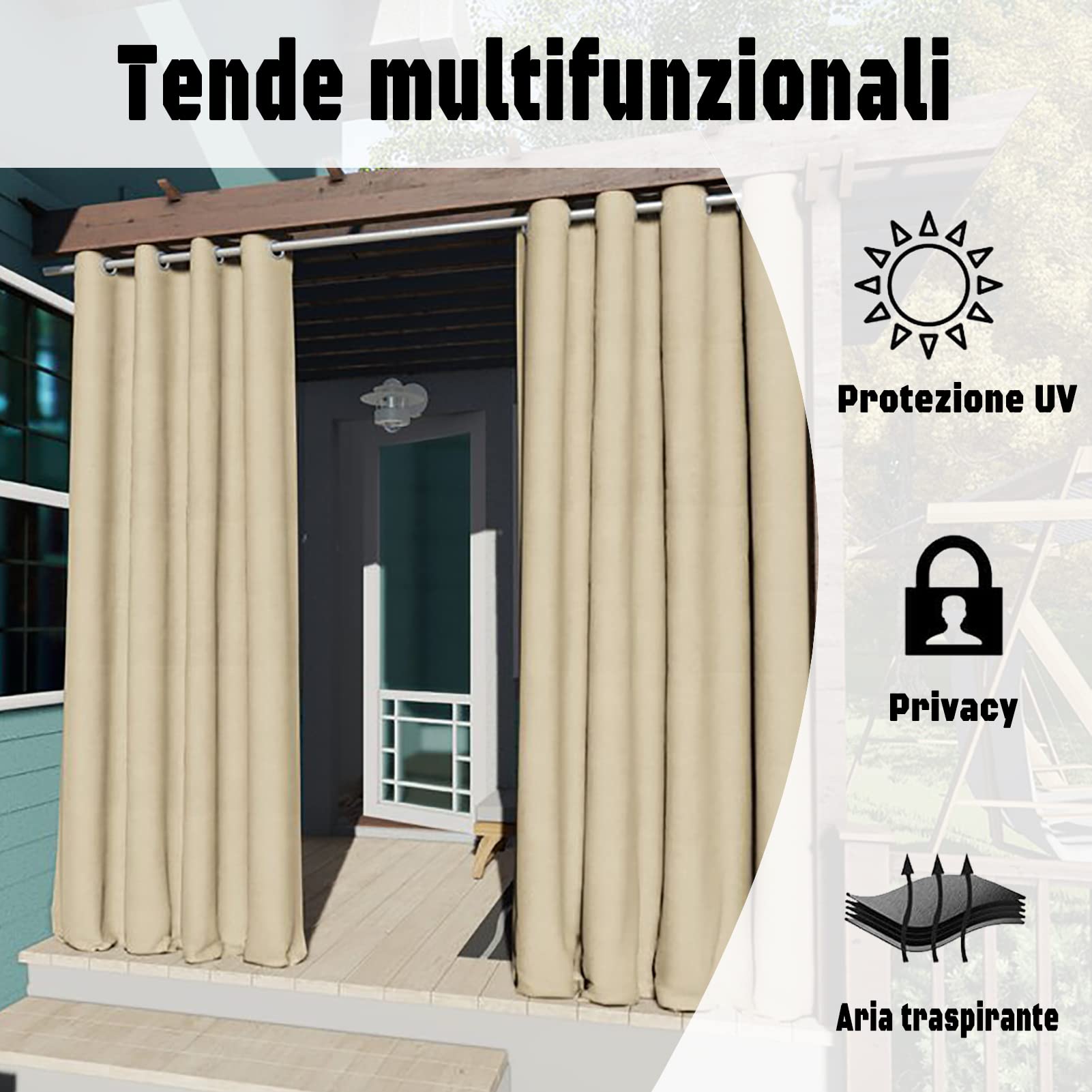 Tenda da Esterno con Occhielli 1 Pezzo, Tende da Esterno di Dimensioni Personalizzate, Tenda da Sole Impermeabile per Balcone, Patio, Portico, Pergola, Gazebo