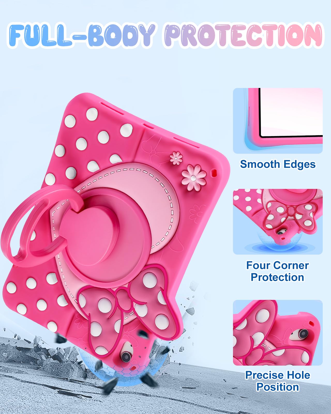 Custodia per bambini per iPad A16 di 11a generazione 2025/10a generazione 2022 da 11 pollici, custodia morbida in silicone con fiocco 3D a pois con cinturino e supporto girevole, per ragazze e