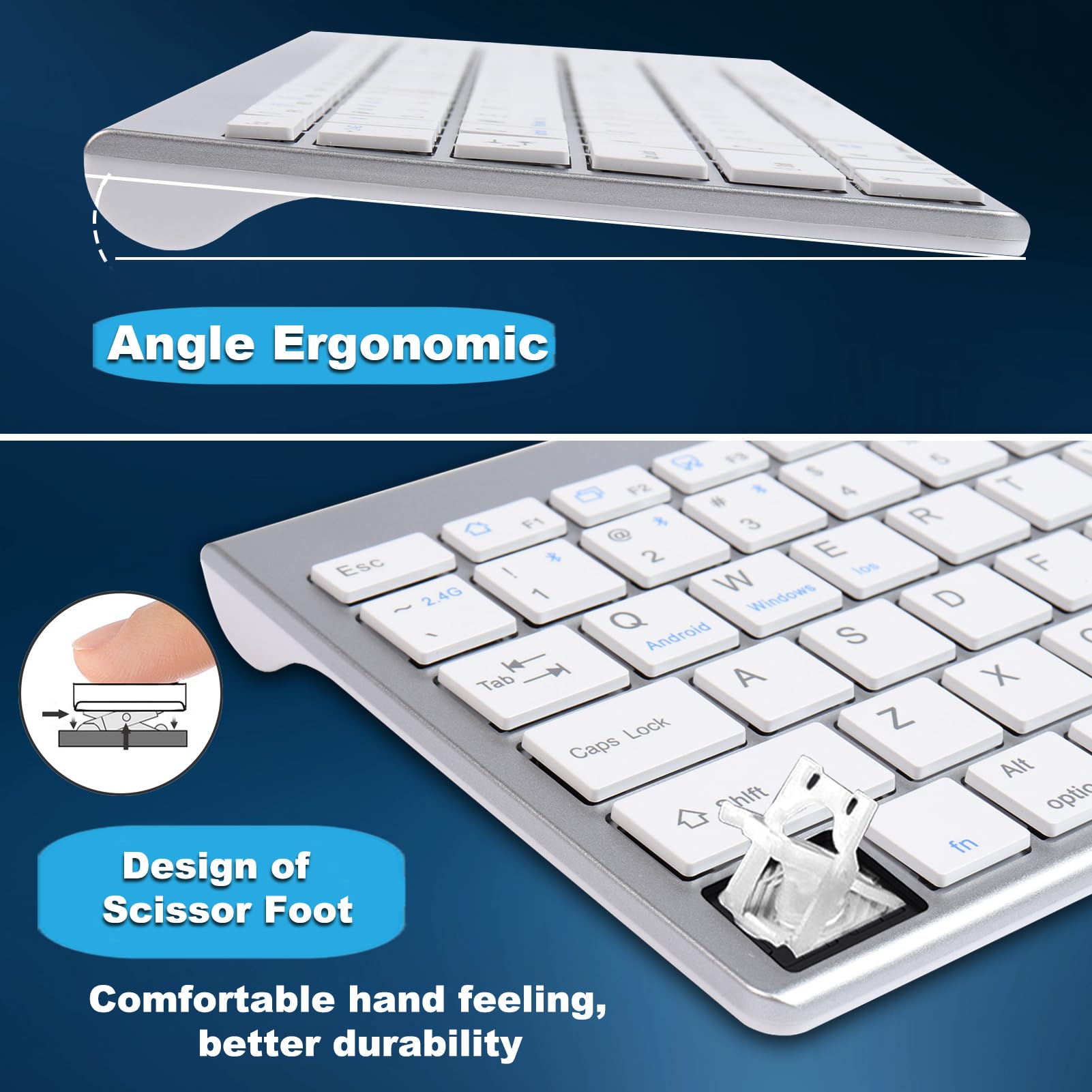 Set tastiera e mouse wireless da 2,4 GHz, Bluetooth e Type-C, 3 modalità e 5 canali, ricaricabile, portatile, compatto, silenzioso, sottile, tastiera e mouse combinato, 1600 DPI, QWERTY US, argento