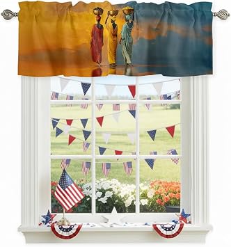 Three Black Women Valances for Windows, African Tribal Boho Red Yellow Green Rod Pocket Kitchen Valance, Small Window Treatment Short Curtains for Kitchen Cafe Living Room Bathroom, 60x18