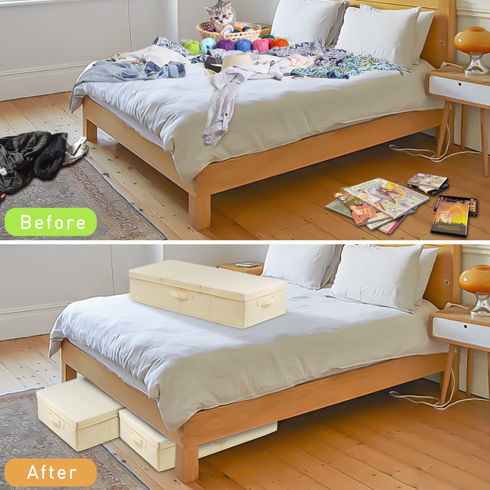 JUPELI Scatola portaoggetti da mettere sotto il letto, con coperchi, pieghevole, con maniglia, per riporre vestiti, coperte, scarpe, 2 pezzi (beige)