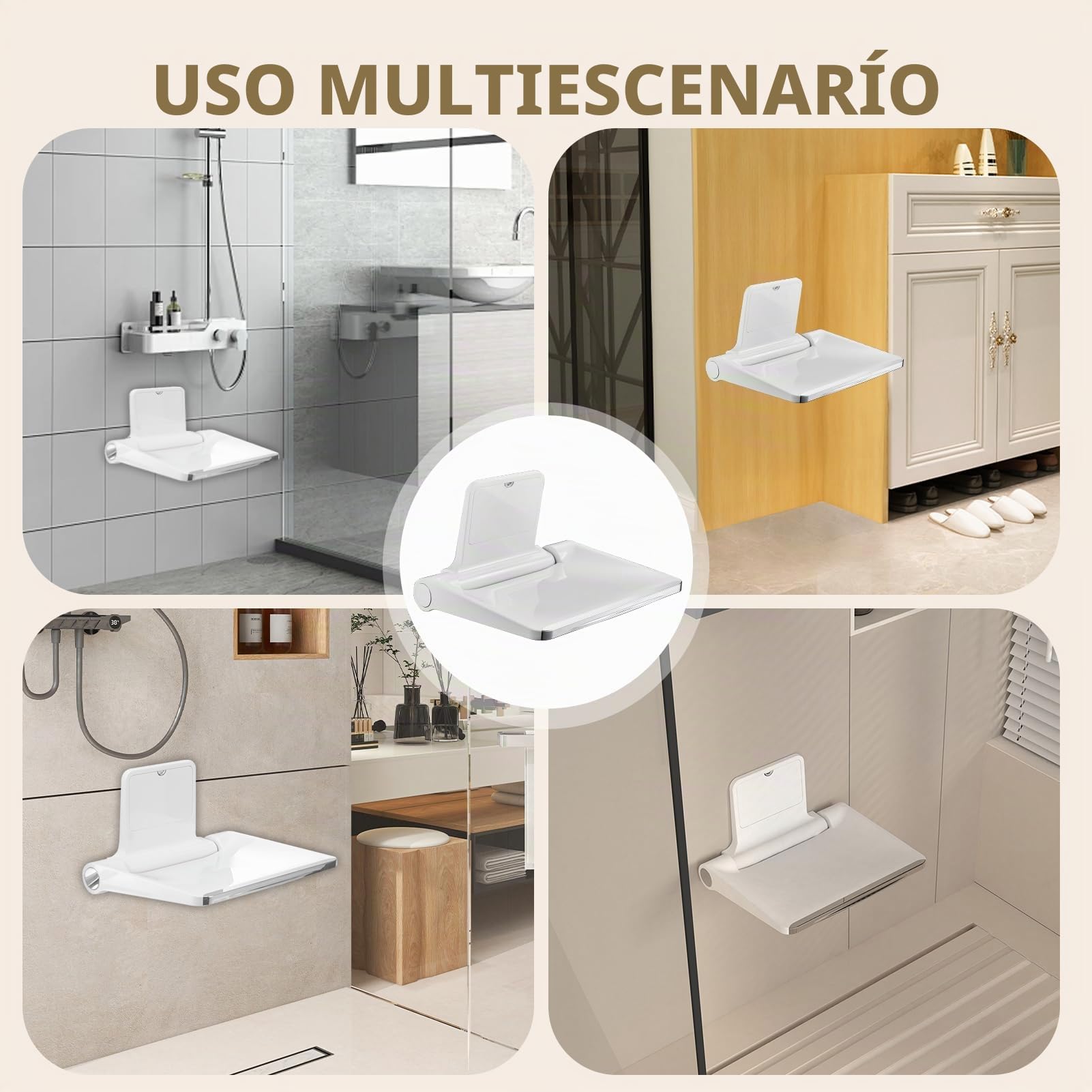 Asiento de Ducha Abatible Grueso con Respaldo de Pared - 200kg Capacidad Antideslizante, Silla Plegable para Personas Mayores, Blanco