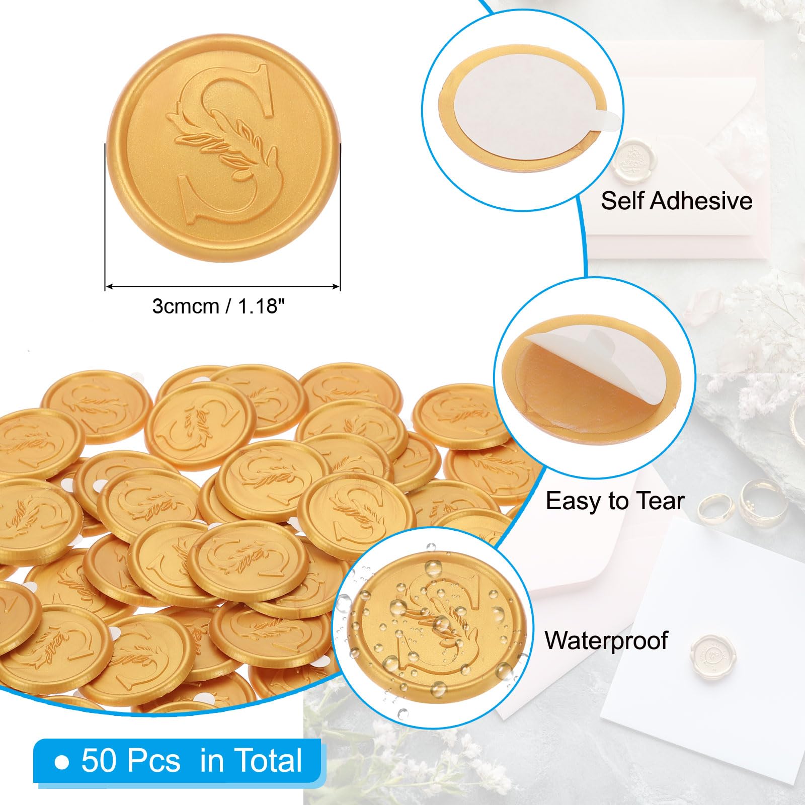 50pcs Gold Wax Seal Stickers - Self-Adhesive Seals For Wedding Invitations & Gifts
