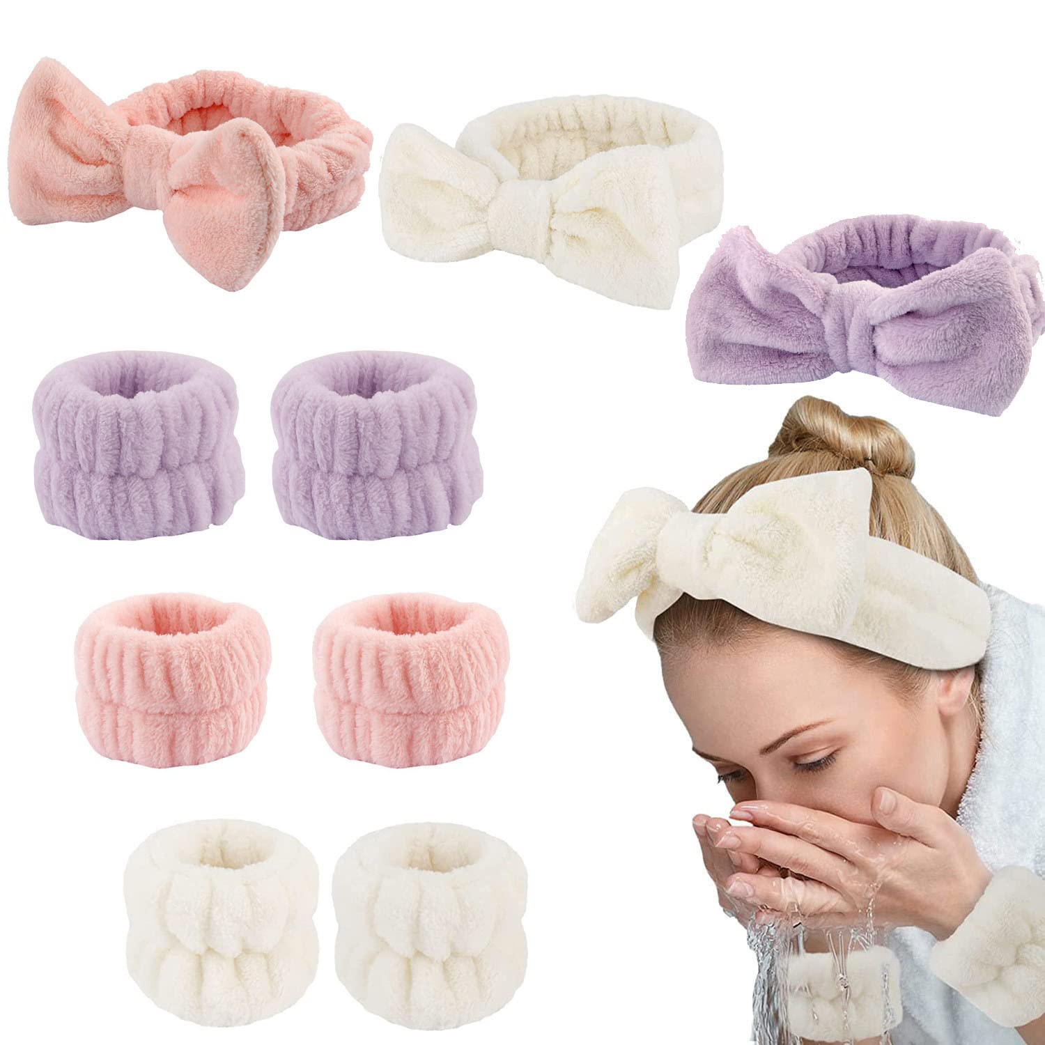 scicent Spa Headbands for Girl Fluffy Headband for Washing Face Elastic Bowknot Hair Bands with 2 Pcs Mask Brushes - Image 4
