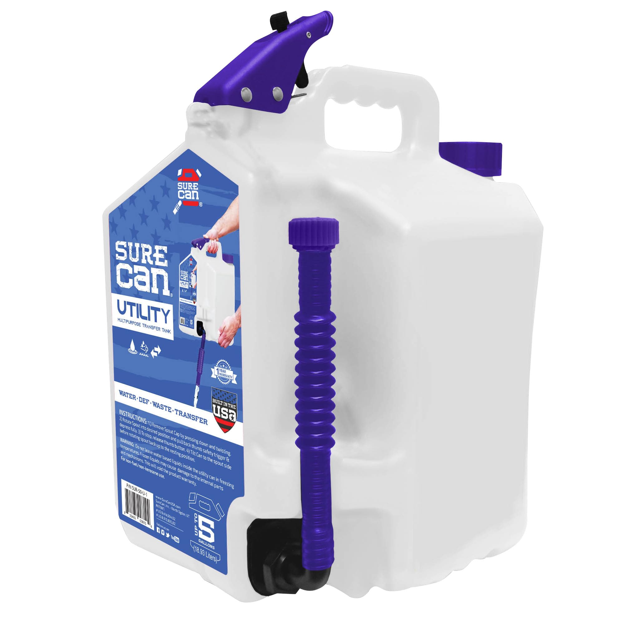 Transfer Tank & Water Dispenser - Multi-Purpose, Durable, and Compact 5 Gallon Water Dispenser, Camping Utility Container (White, SUR-50-U-1)