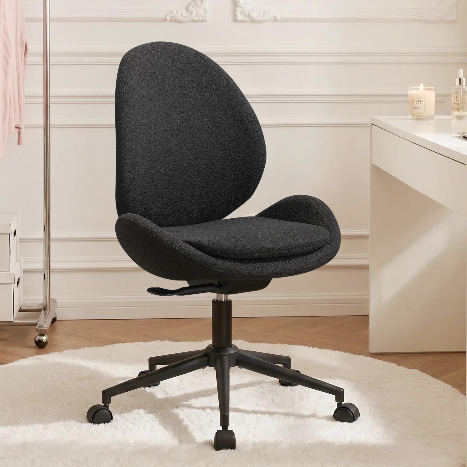 Furniliving Chenille Armless Desk Chair with Wheels, Upholstered Home Office Chair with Double-Layer Cushion, Adjustable Swivel Computer Vanity Chair