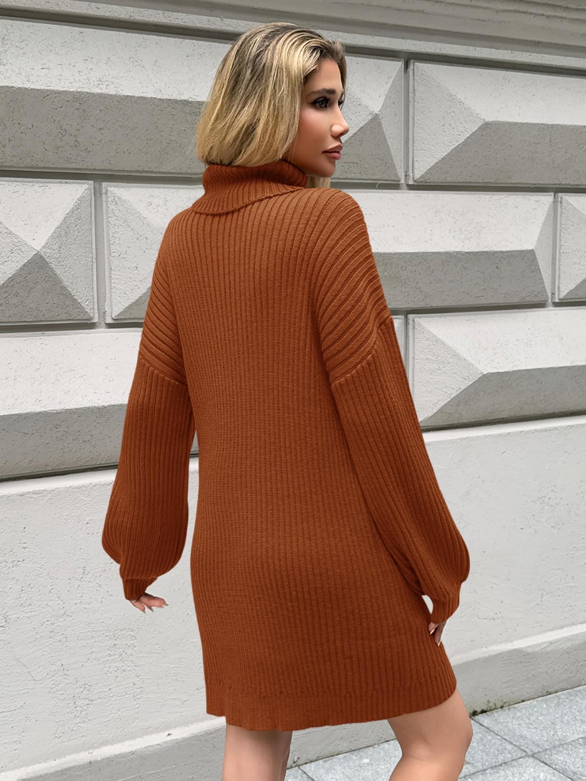Saodimallsu Damen Strickkleid Langarm Rollkragenpullover Kleid Oversized Laternenärmeln Minikleid Casual Einfarbig Pullover Herbst Winter