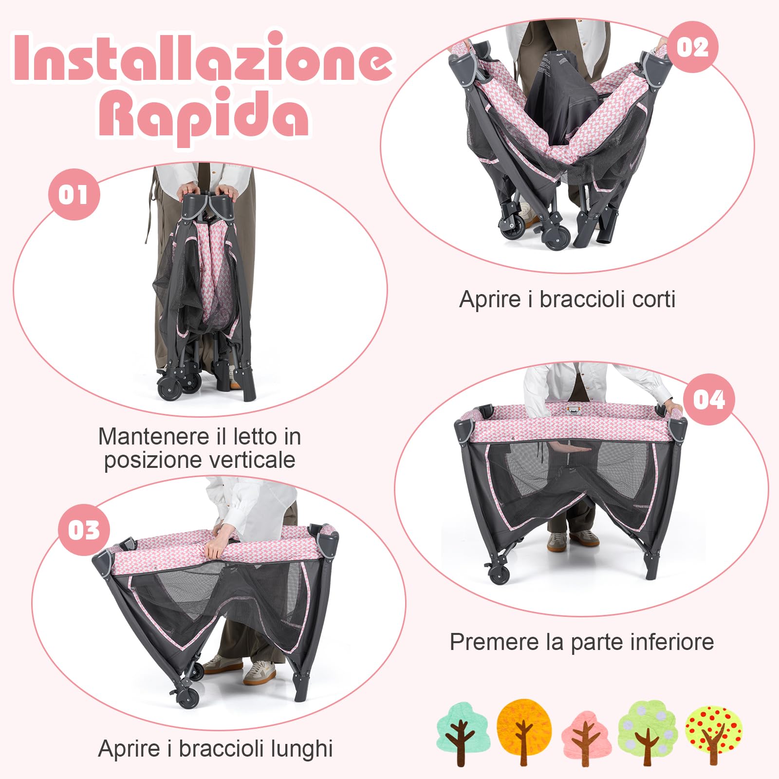 RELAX4LIFE 5 en 1 Cuna Bebé con Moisés, Cambiador, Colchón, Juguetes Colgantes, Bolsa de Transporte, y Ruedas con Frenos, Cuna de Viaje Portátil y Plegable para Bebé 0-36 Meses (Rosa)