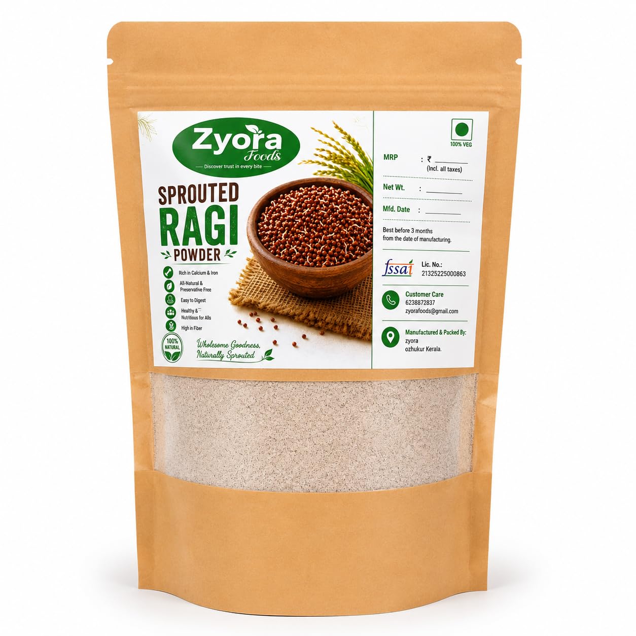 Zyora Foods Sprouted Ragi Powder 300g | Rich in Calcium & Iron, Gluten Free, No Preservatives, High in Fiber, 100% Natural-image-2