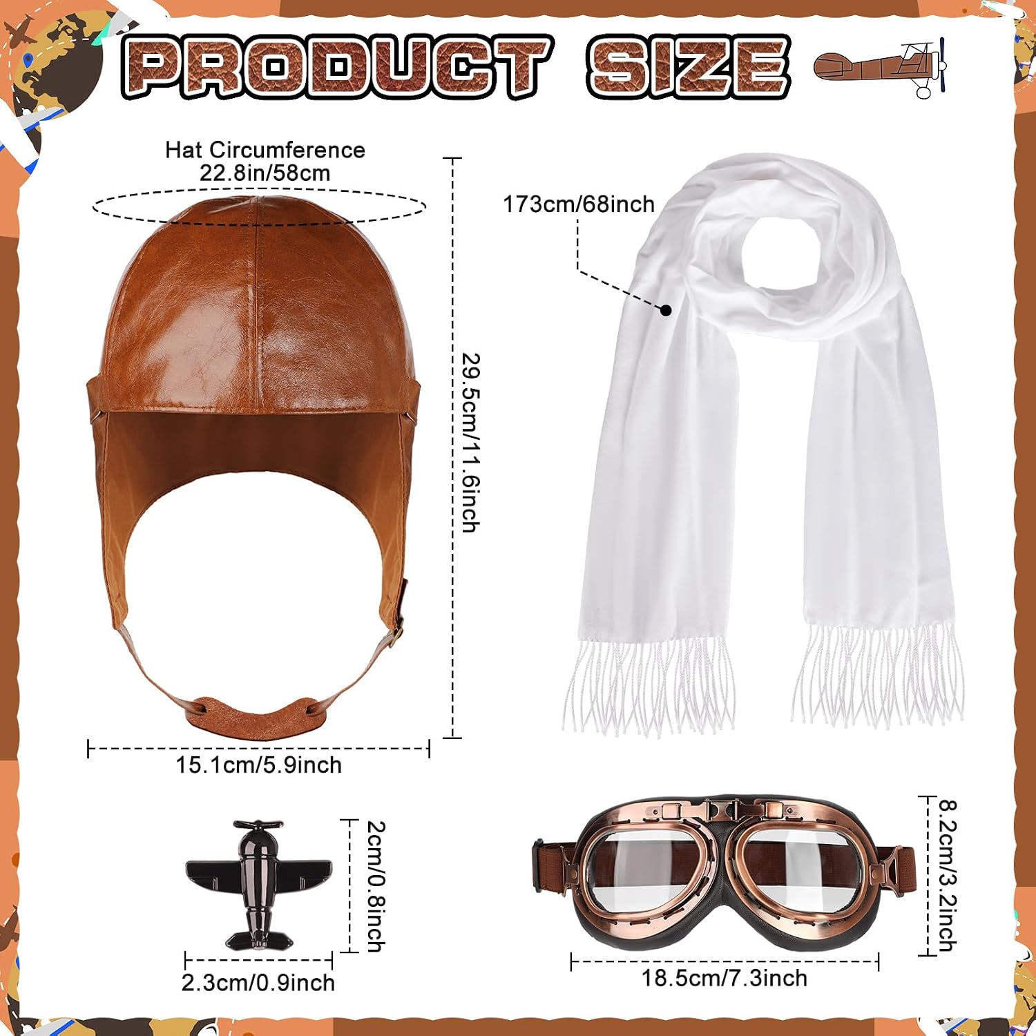 4Pcs Aviator Costume Accessories,Aviator Hat With Goggles White Scarf Brooch,Pilot Cap for Adults Halloween Party