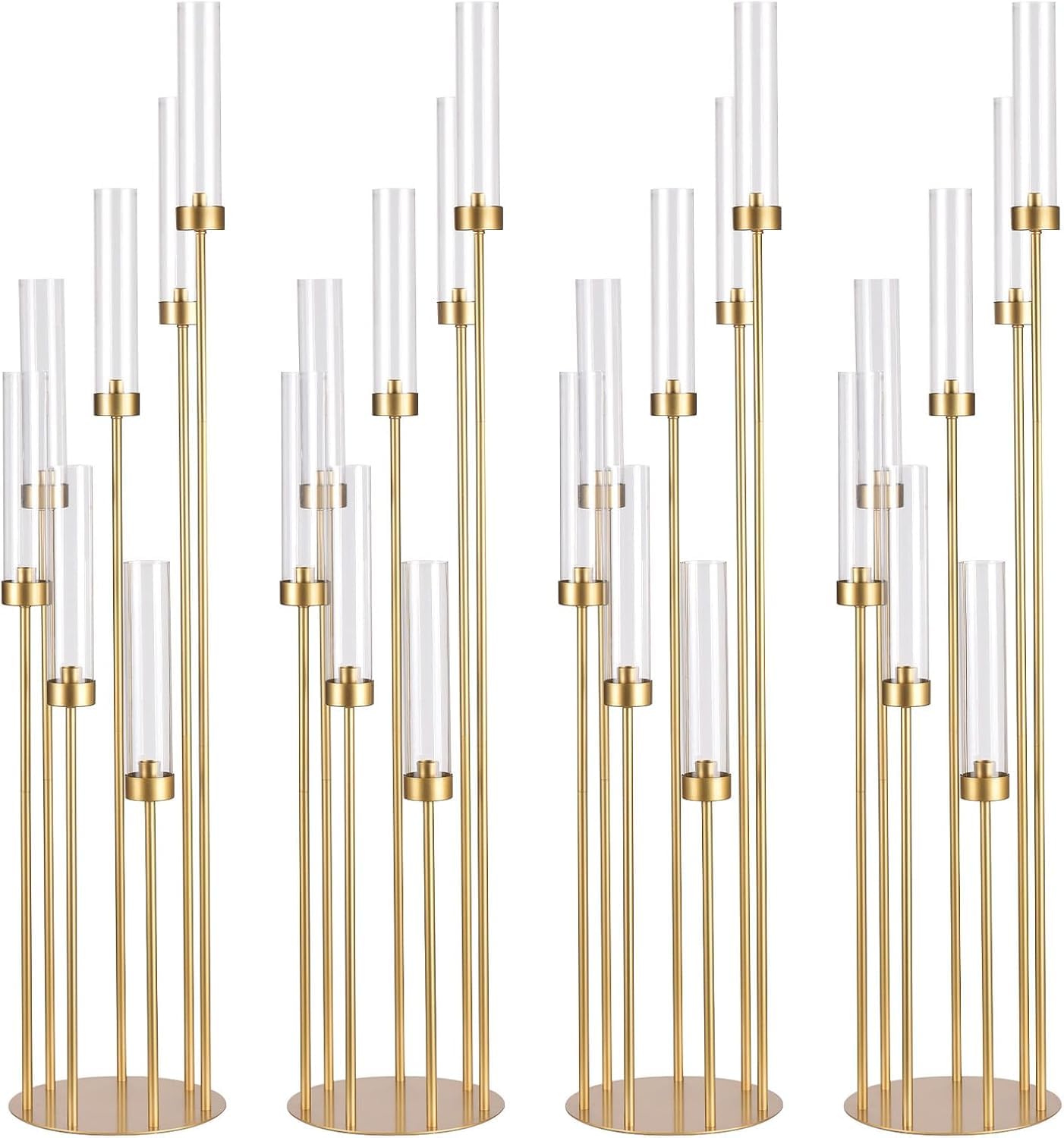 MYOYAY 4 Sets Gold 7 Arm Floor Candelabra 46.5'' Tall Floor Candle Holders Metal Candle Holders with Acrylic Lampshade Candlestick Centerpiece for Electronic Candle Wedding Home Party Decoration