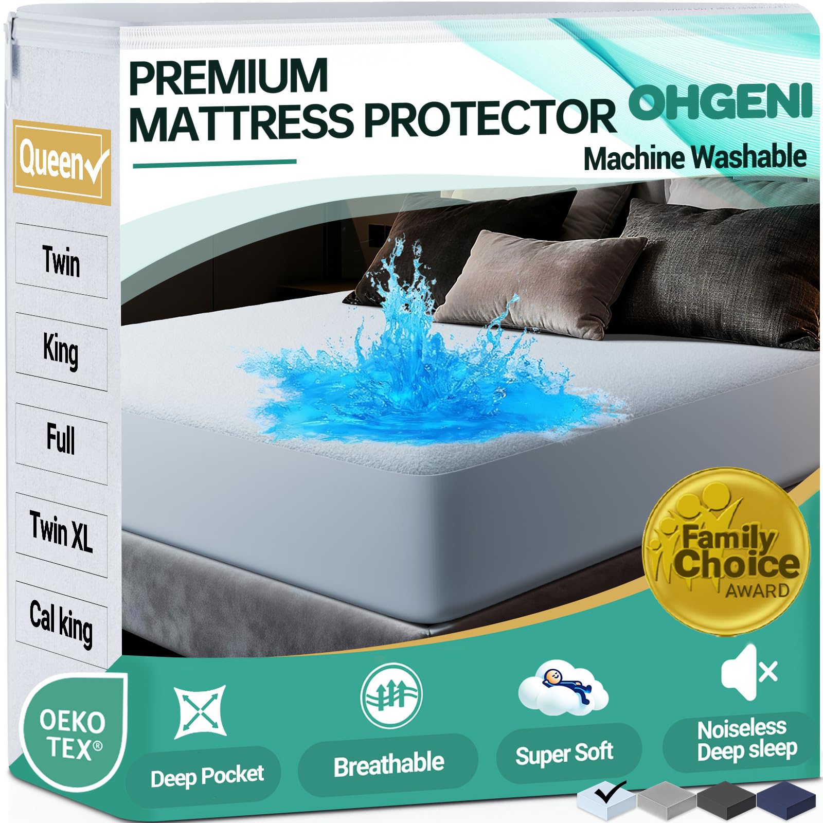 OhGeni Waterproof Mattress Protector, Queen Size Mattress Pad Fitted with Deep Pocket 6"-18", Breathable Noiseless Soft, Washable Dirt-Proof Mattress Cover, Blue, More Than 99 pcs fibers, Daybed Cover