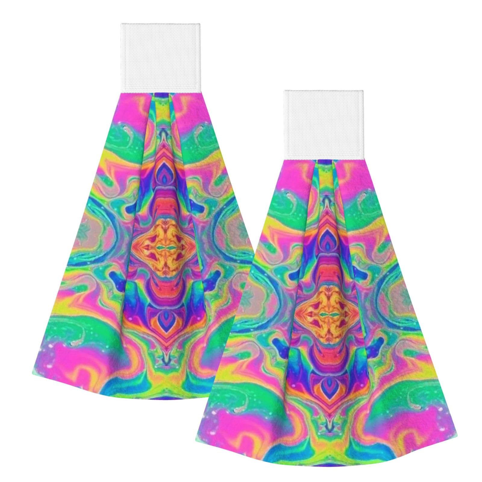 DOPKLNA Neon Rainbow Colorful Tie Dye, 2 Pcs Hanging Coral Fiber Hand Towels for Bathroom, Absorbent Kitchen Towels