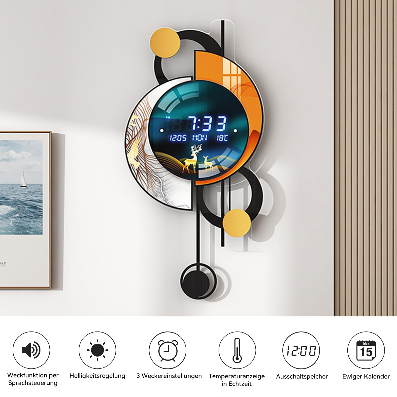 Homary 67 cm LED Wanduhr Modern Multifunktional – Sprachgesteuerte Wanduhr Modern Design mit Digitalanzeige, Temperatur, Datum und Alarmfunktion für Wohnzimmer, Büro, Schlafzimmer– Ideal als Wanddeko