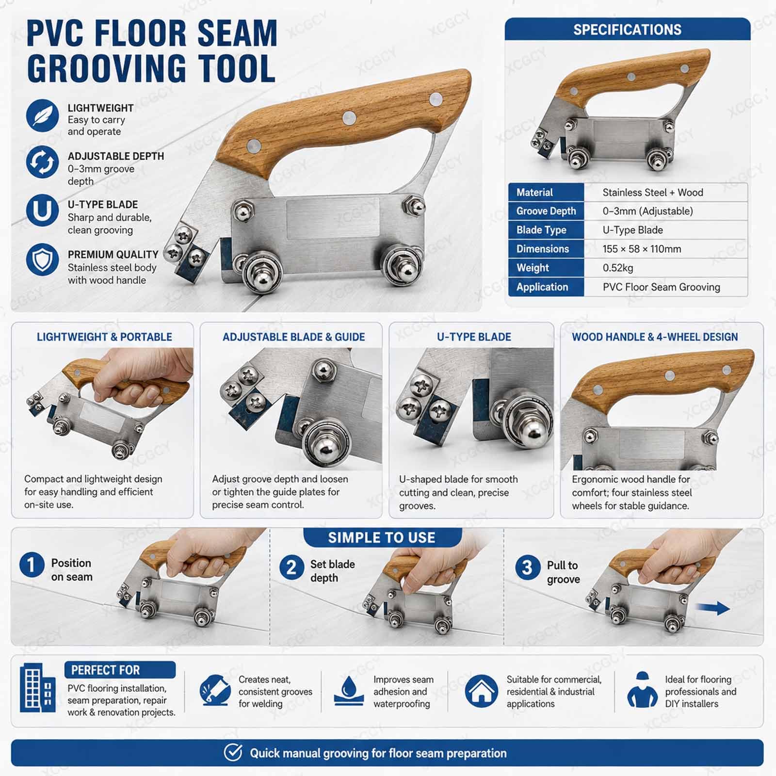 Scanalatrice Per Pavimenti A U, Scanalatrice Con Ruote In Gomma Per Moquette, Scanalatrice A Trazione Per Pavimenti In Vinile, Taglierina A U, Doppie Ruote Guida, Profondità 0-3 Mm Per Giunture