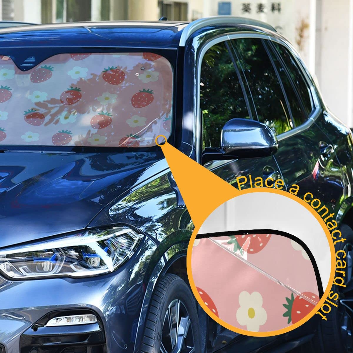 Car Windshield Sun Shade Pink Strawberry Car Sun Visor for UV Rays and Sun Heat Protection Cute Flowers Summer Blocks Heat and Sun Foldable Sun Shield 55x28 Inches, Automotive Interior Accessories