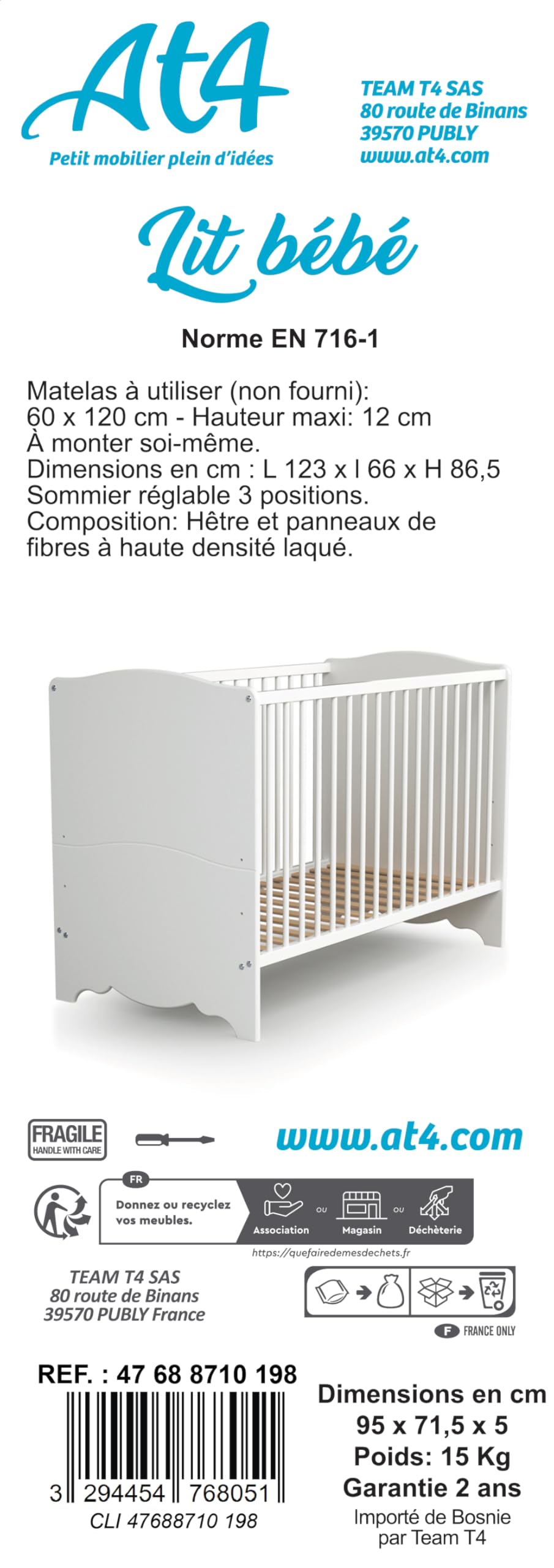 AT4 - Lettino bambiniMARELLE legno - Bianco - 60 x 120-123 x 64 x 88 cm
