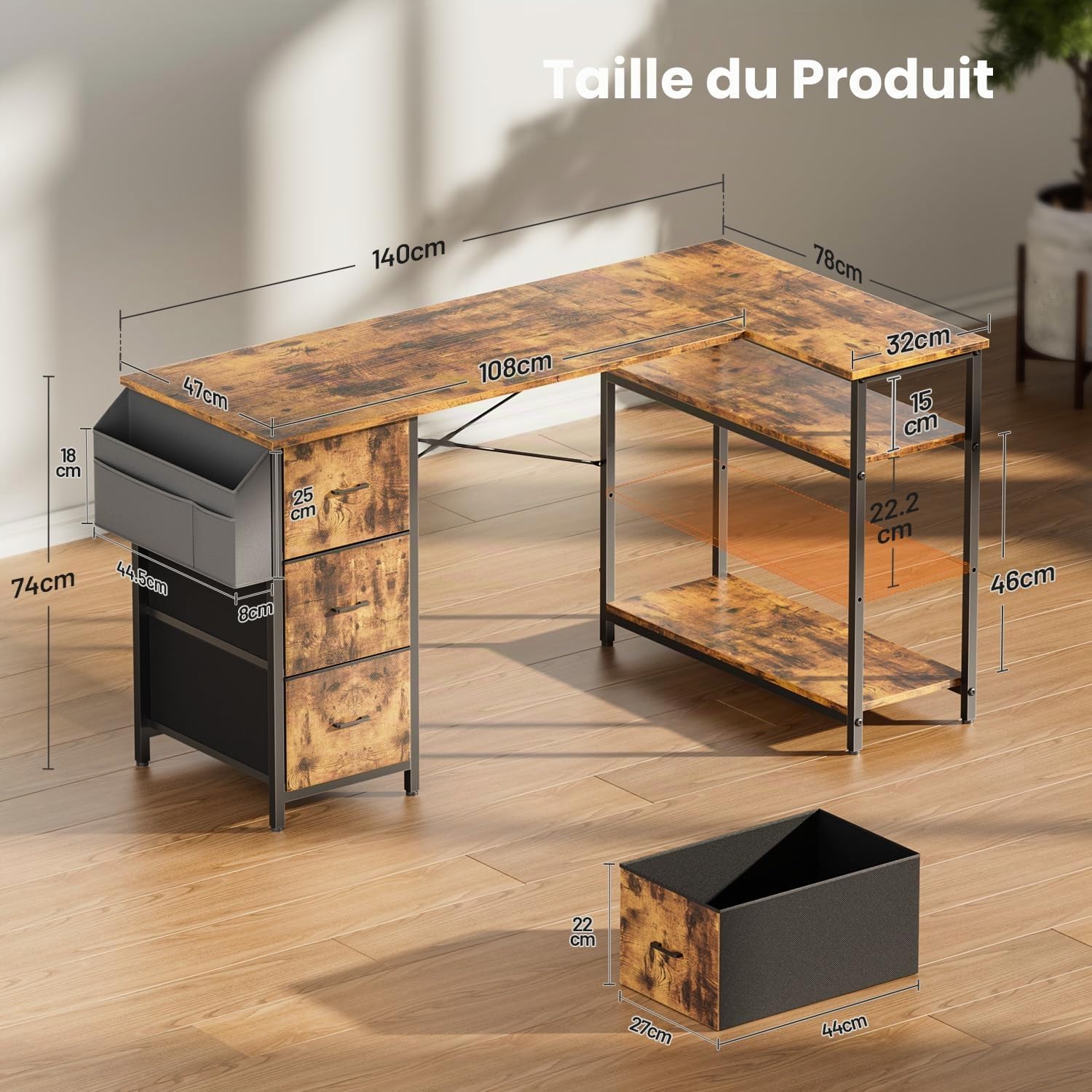SOLAVERO Bureau d'angle avec Rangement et 3 Tiroirs, 140 x 78 cm, Marron