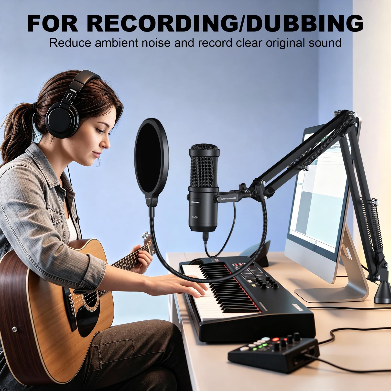 aokeo Microfono USB, 192 kHz/24 bit, set di microfoni per podcast con supporto per microfono, parabrezza, filtro pop, per radio, registrazione, YouTube, podcast