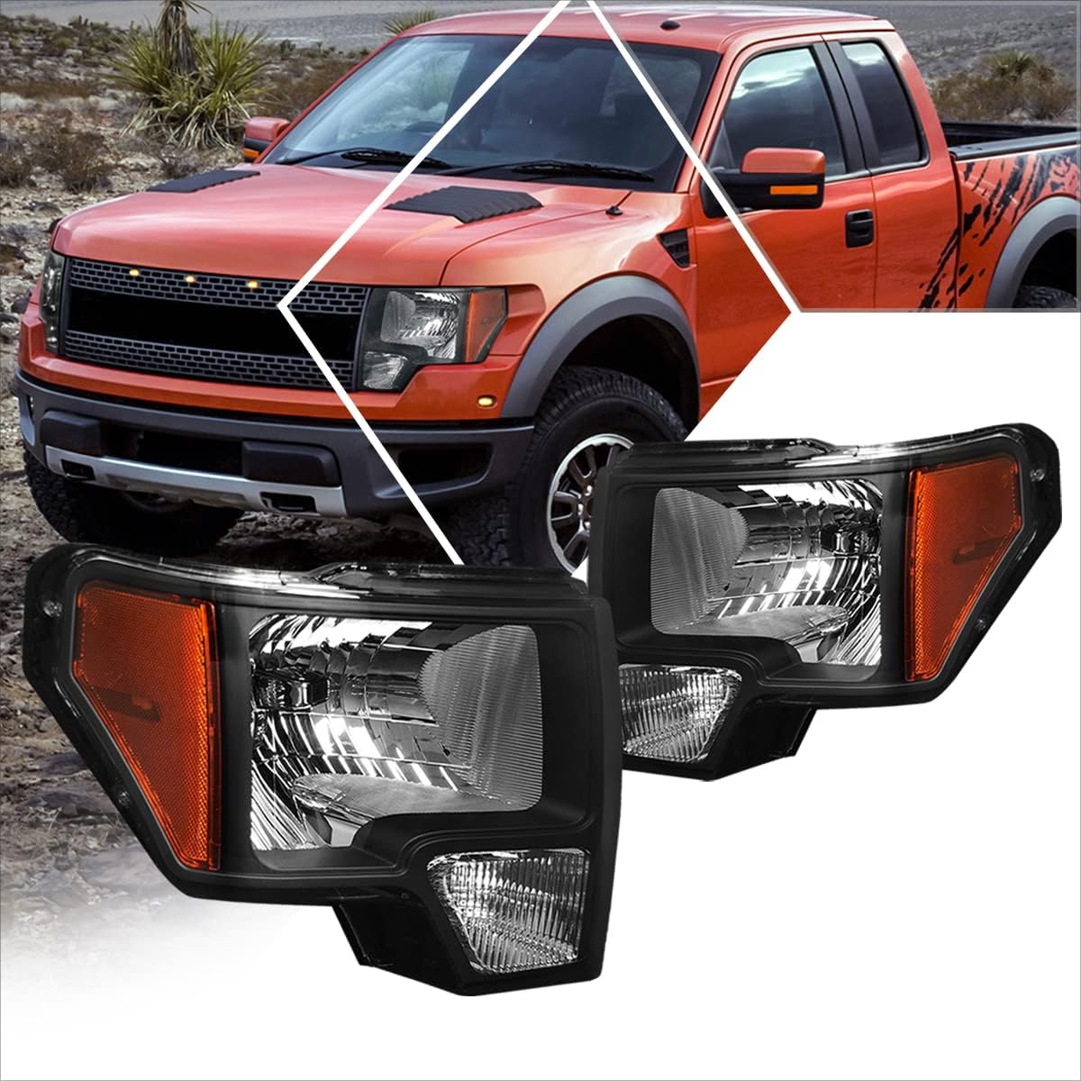 PM PERFORMOTOR PMHL-F150-0914-OH-BA Black Housing Amber Corner Pair of Headlights Replacement Compatible with 09-14 F150