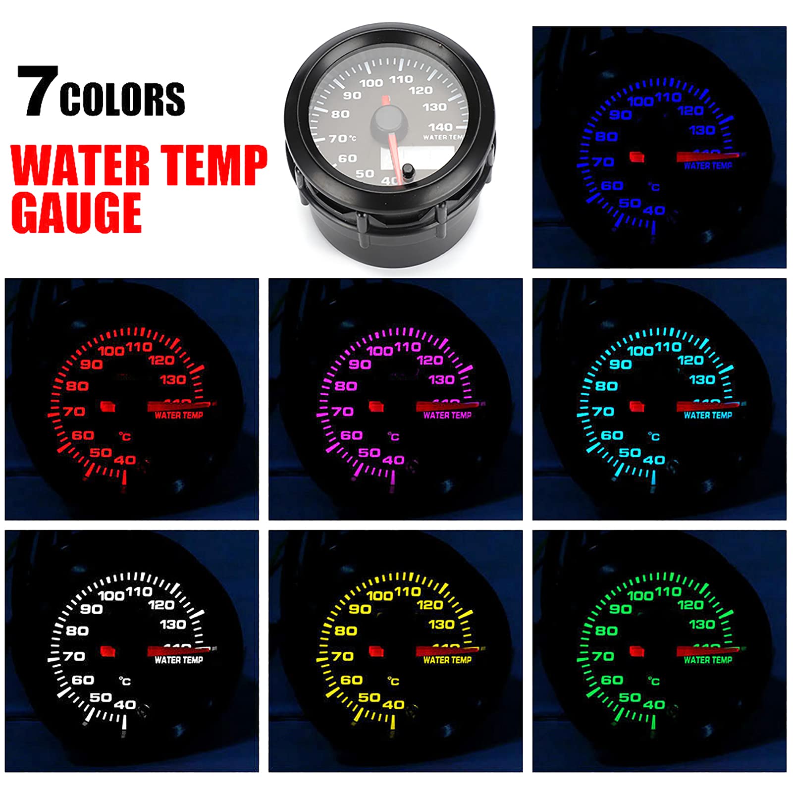 52 Mm Wassertemperaturanzeige, 2 Zoll 52 Mm Auto-elektronischer Wassertemperaturmesser, Analoge Temperaturanzeige mit Sensor, 7 Farben, LED, Universell