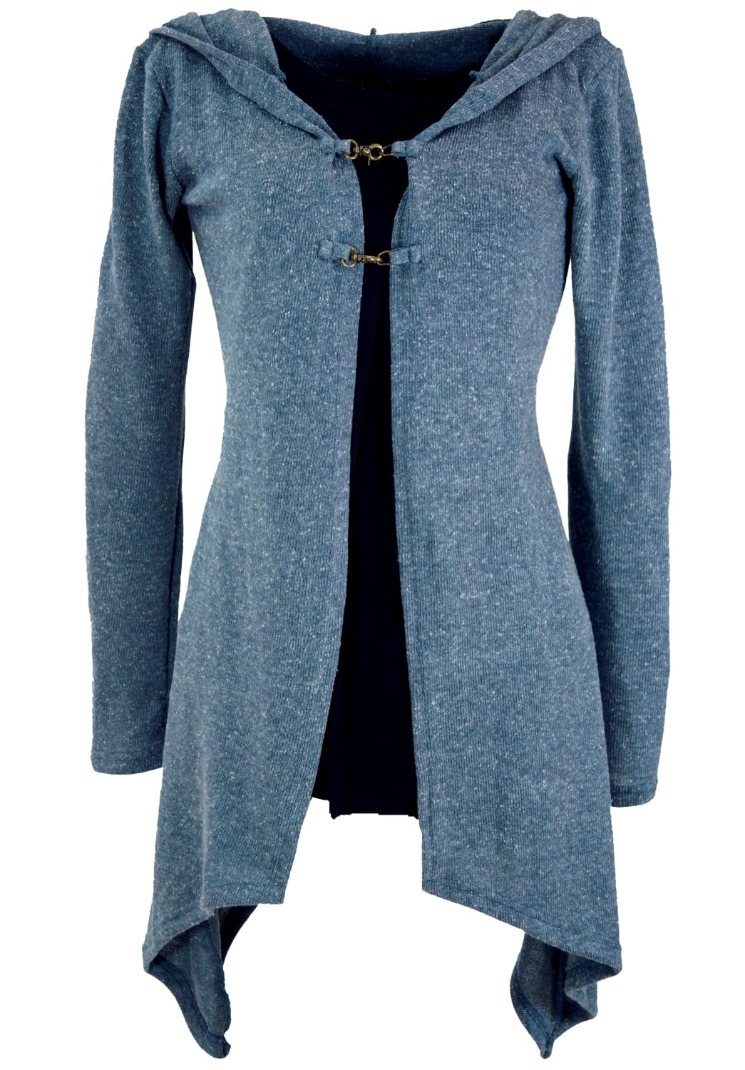 GURU SHOP Lange Strickjacke, Strickmantel mit Kapuze, Damenmode, taubenblau | Legere Passform, Baumwolle, Daumenloch, übergroße Kapuze, angenehm zu tragen