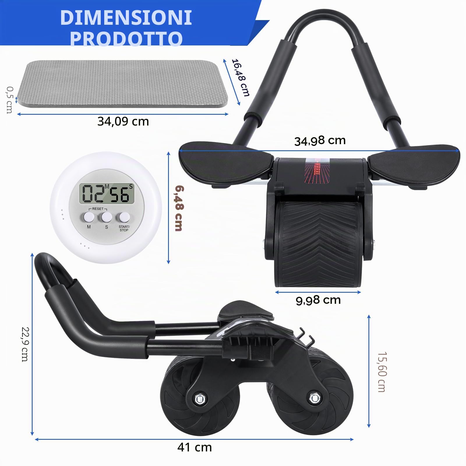ROELLY Rullo Addominali, Attrezzo per Addominali, Design Antiscivolo e Stabile a Doppia Ruota, con Ginocchiera e Timer Magnetico, Utilizzato per Esercizi Addominali e Fitness a Casa e in Ufficio