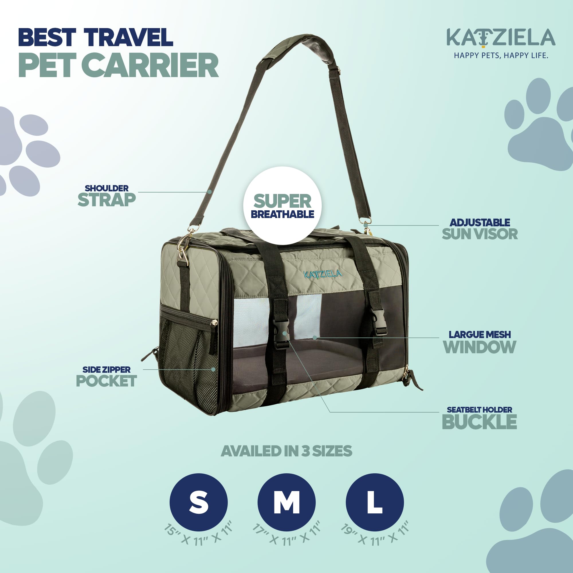 Katziela Deluxe, gesteppte, von Fluggesellschaften zugelassene Transportbox für Hunde und Katzen, für Flugzeugreisen, groß, Grau
