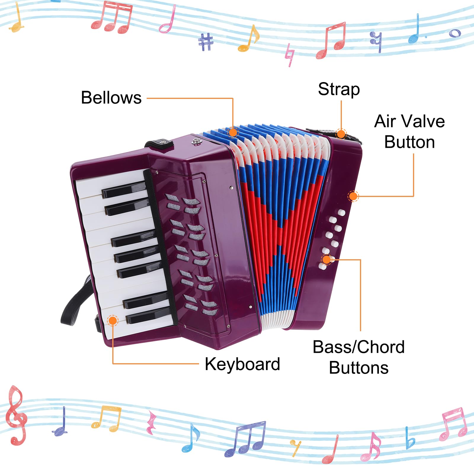QUARKZMAN Accordion, 17 przycisków, 8 przycisków basowych, zabawka akordeonowa, mini instrument muzyczny, lekki, dla dorosłych, początkujących, do nauki, fioletowy