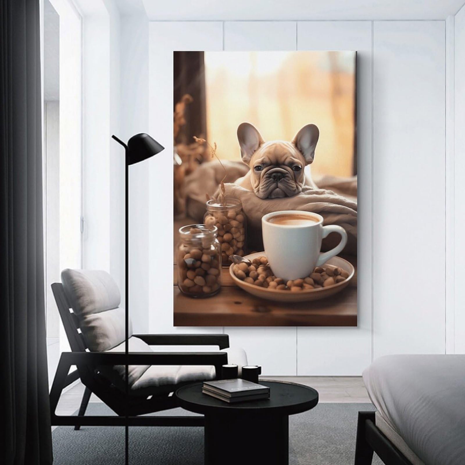 Junmoney Unframe-Style-3-1 Room Decor Wall Art French Bulldog With Coffee, 20X30inch(50X75cm), For Gallery Wall Decor And Room Displays, An Easy Match For Collected Prints