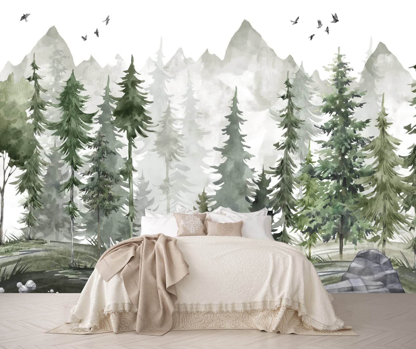 3D Mural Wallpaper Watercolour Mountain Pine Tree 3D Murals Wallpaper for Bedroom and Living Room Wall Decoration