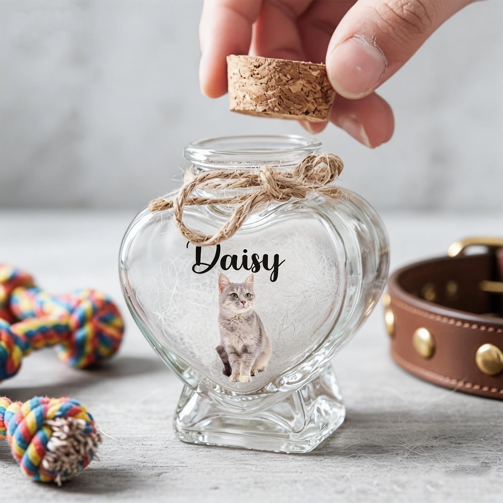 Barattolo di Vetro a Forma di Cuore Personalizzato per Animali Domestici, con Foto e Nome Personalizzabili. può Contenere Ceneri o Pelo. Regalo commemorativo per Animali Domestici (Heart)