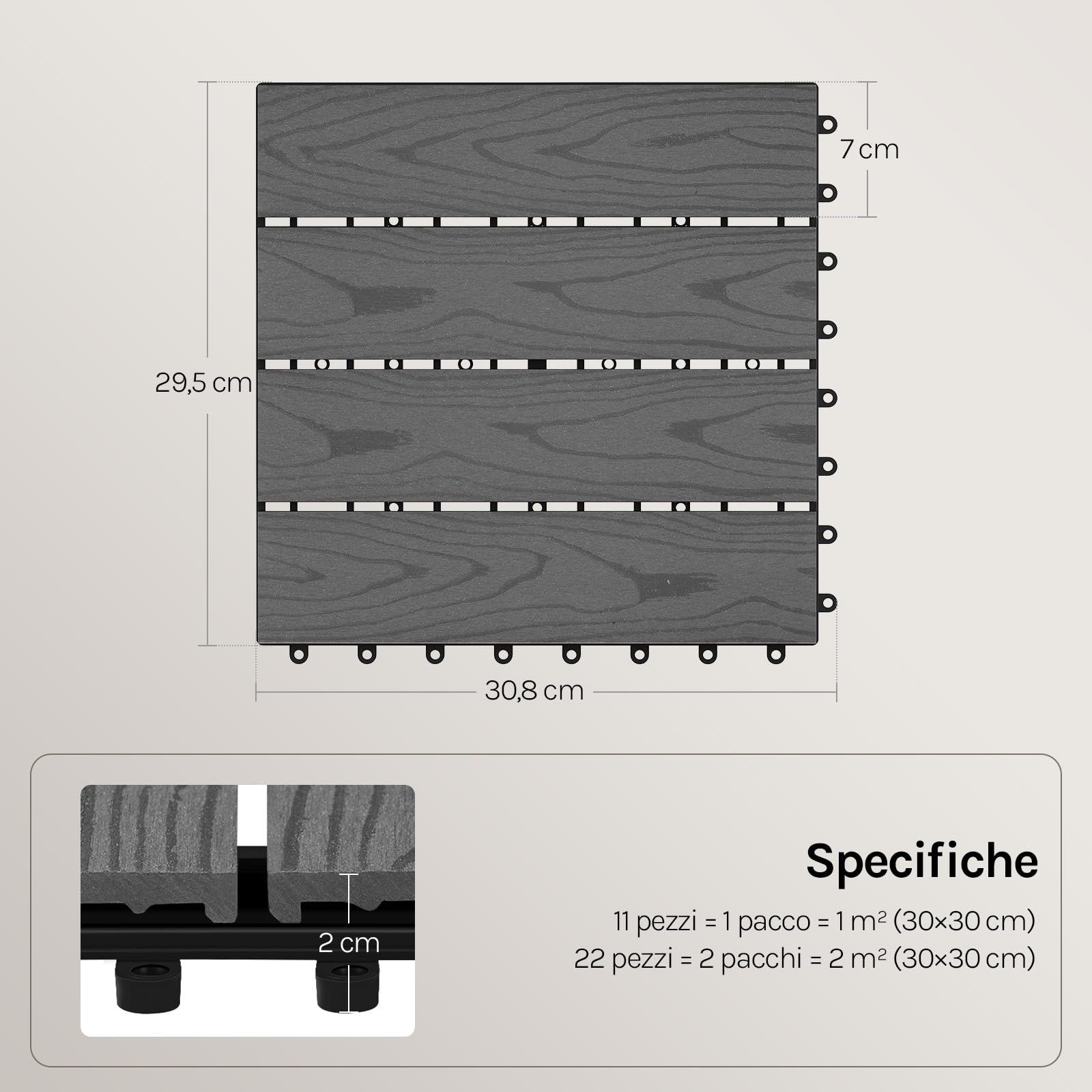 WOLTU 22 x Pavimentazione Esterna WPC ad Incastro 30x30cm,Grigio | Piastrelle ad Incastro, Per Balcone/Giardino/Terrazza, in WPC, Legno Composito, 22 Pannelli / 2 m², Grigio