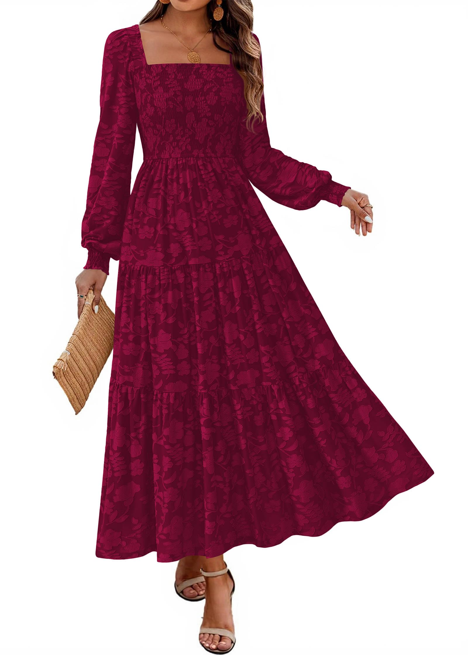 KIRUNDO Wedding Guest Dresses for Women Long Sleeve Smocked Floral Flowy A Line Boho Maxi Dress Spring Fashion