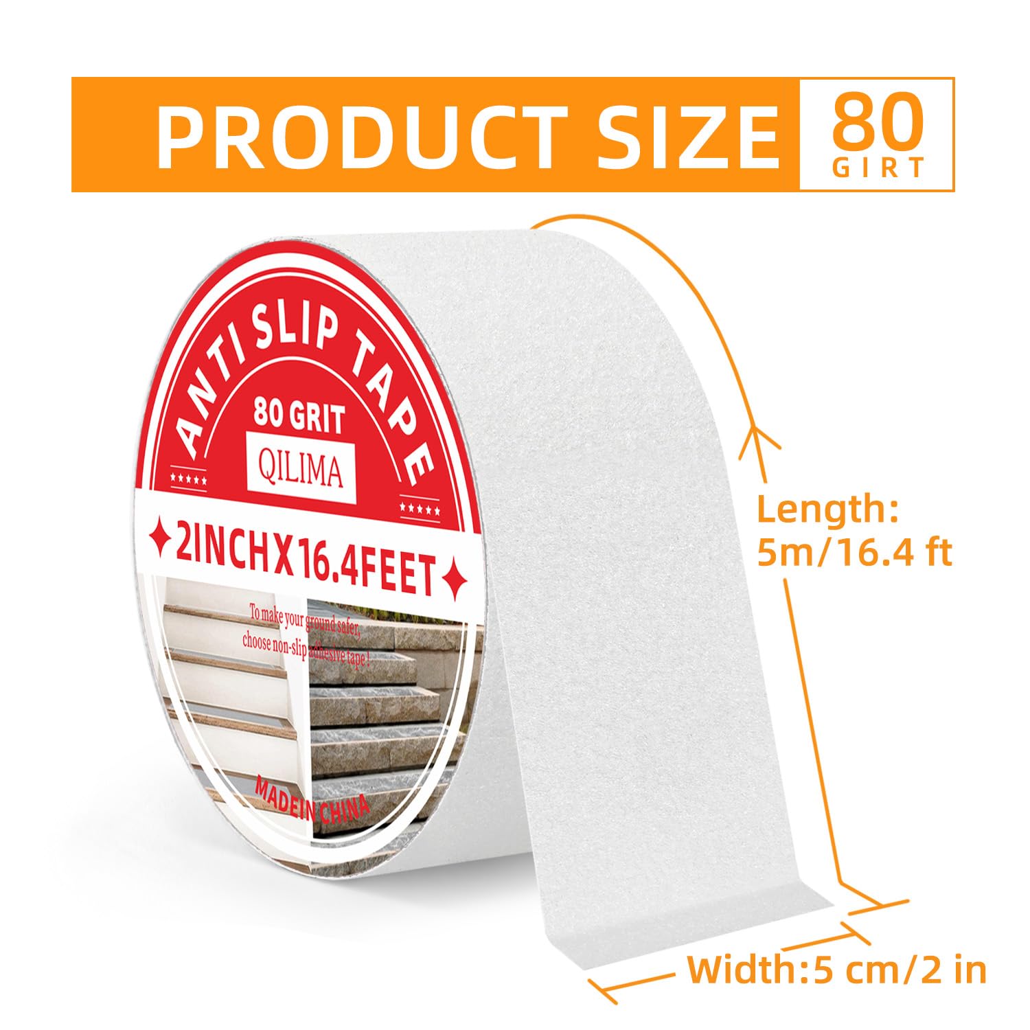 QILIMA Nastro Adesivo Antiscivolo, 50 mm x 5 m Abrasivo ad Alta Aderenza, Banda di Sicurezza, Per migliorare la presa, per interni ed esterni,Trasparente