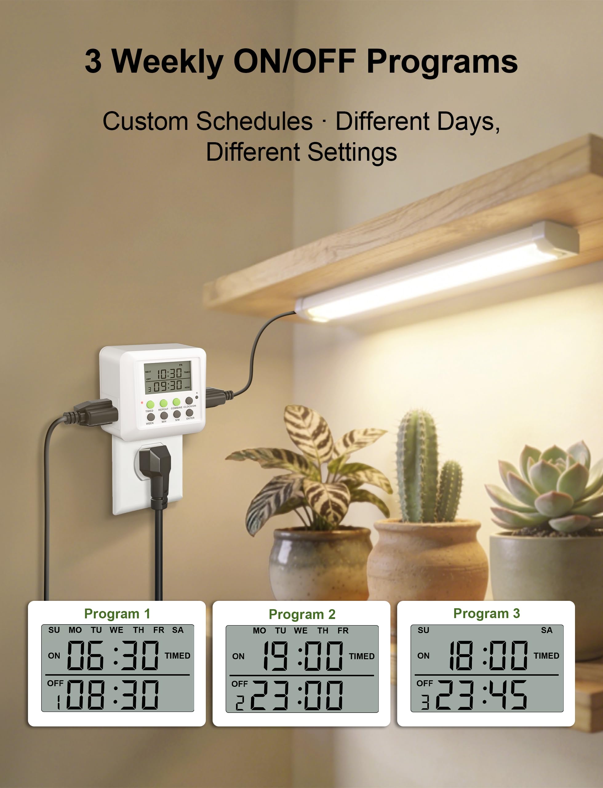 Techbee Dual Outlet Digital Timer Plug, 7 Day 24 Hour Programmable Cycle Timer, Combined Weekly/Daily & Intermittent Timing, 15A, 1 Pack - 4