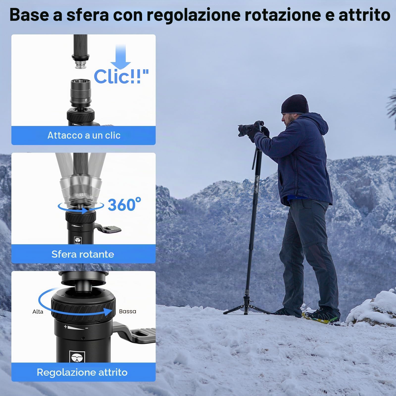 SIRUI SVM-145P Monopiede Carbin in Fibra, 57"/144cm Monopiede Video per Fotocamera con Pedale, Regolazione dell'altezza in Un Unico Passaggio con Blocco a Torsione, Carico Massimo 22 lbs/10 kg