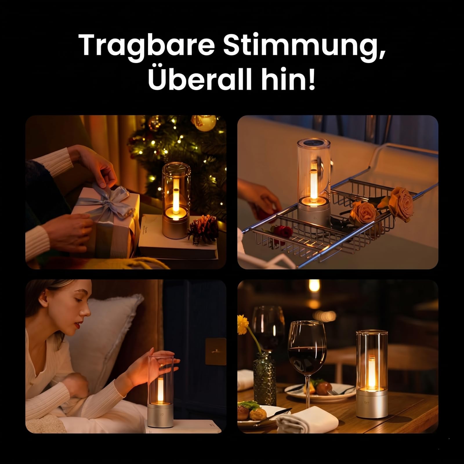 YEELIGHT Akku Tischlampe Kabellos, LED Nachttischlampe Dimmbar 1800K, Wiederaufladbare Tischleuchte mit Kerzenlicht-Atmung, Tragbare USB-C Batterielampe für Schlafzimmer, Wohnzimmer, Esstisch, Deko