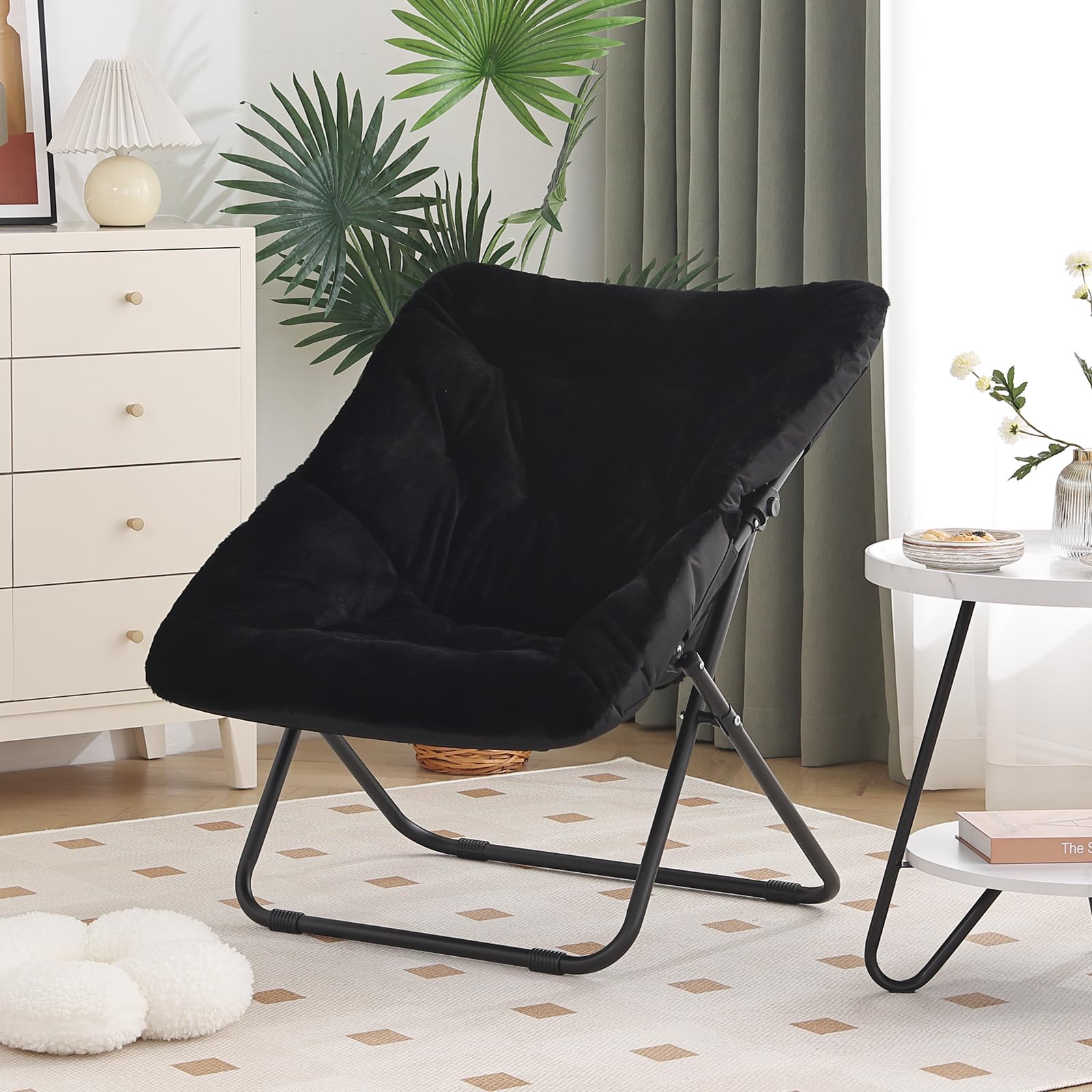 Furlide Saucer Chair, Comfy Bedroom Chairs, Oversized Folding Faux Fur Chair, Foldable Metal Frame Chair for Bedroom, Patio, Study, Playroom (Black)