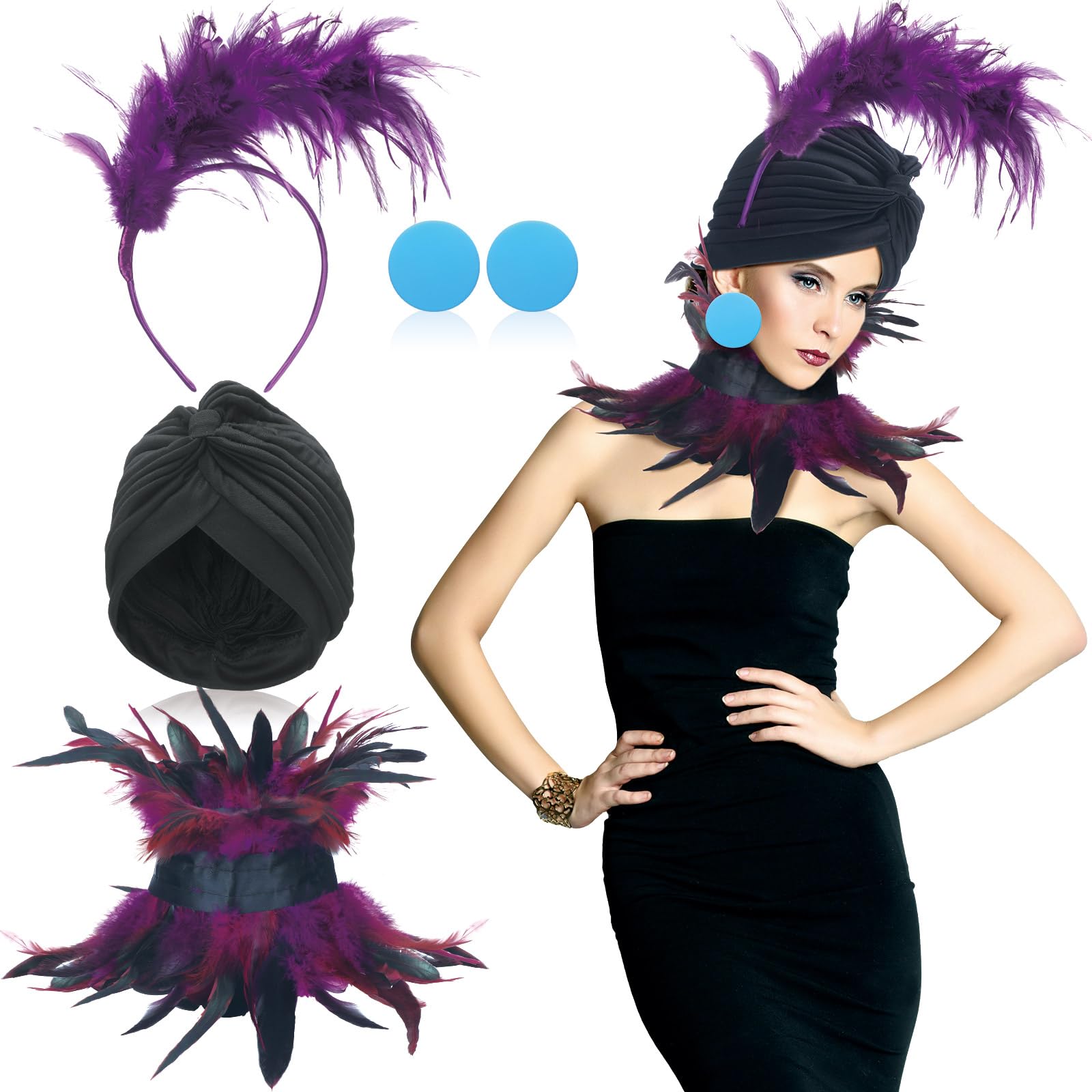 Villain Costume for Women Purple Feather Blue Collar Button Earrings Elastic Hat Feather Headband Halloween Costume