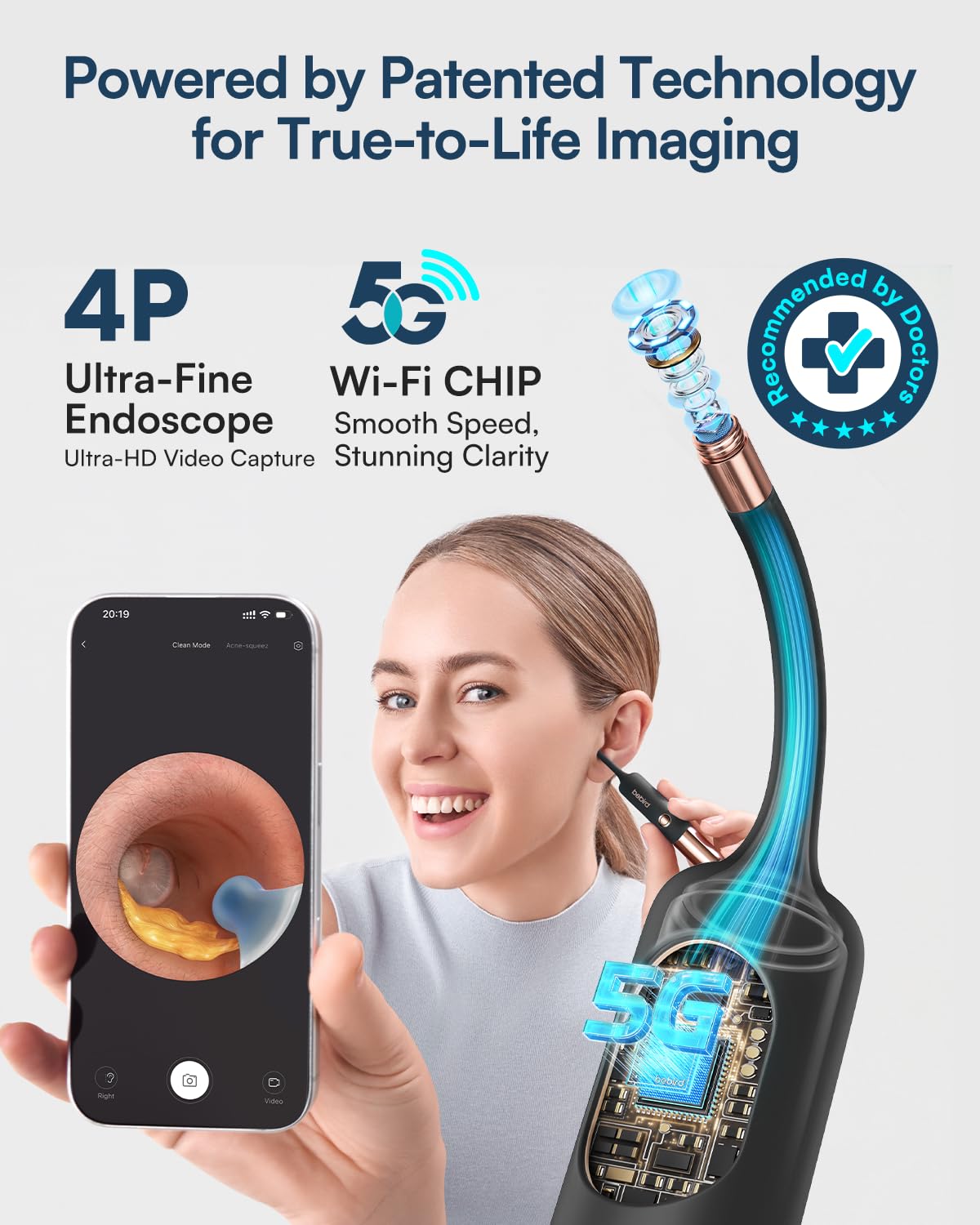 BEBIRD EarSight Ultra 5G WiFi - Limpiador de oídos y dispositivo de cuidado con cámara otoscópica flexible, juego de 30 accesorios, seguro para uso en el hogar, estrellas negras