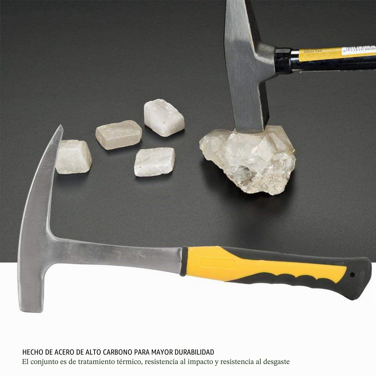 Martillo Geológico de Doble Cabeza Martillo de Exploración Martillo Puntiagudo de Cabeza Plana Empuñadura de Goma con Mango Amarillo, Superficie Pulida, 804-1028 G(L)