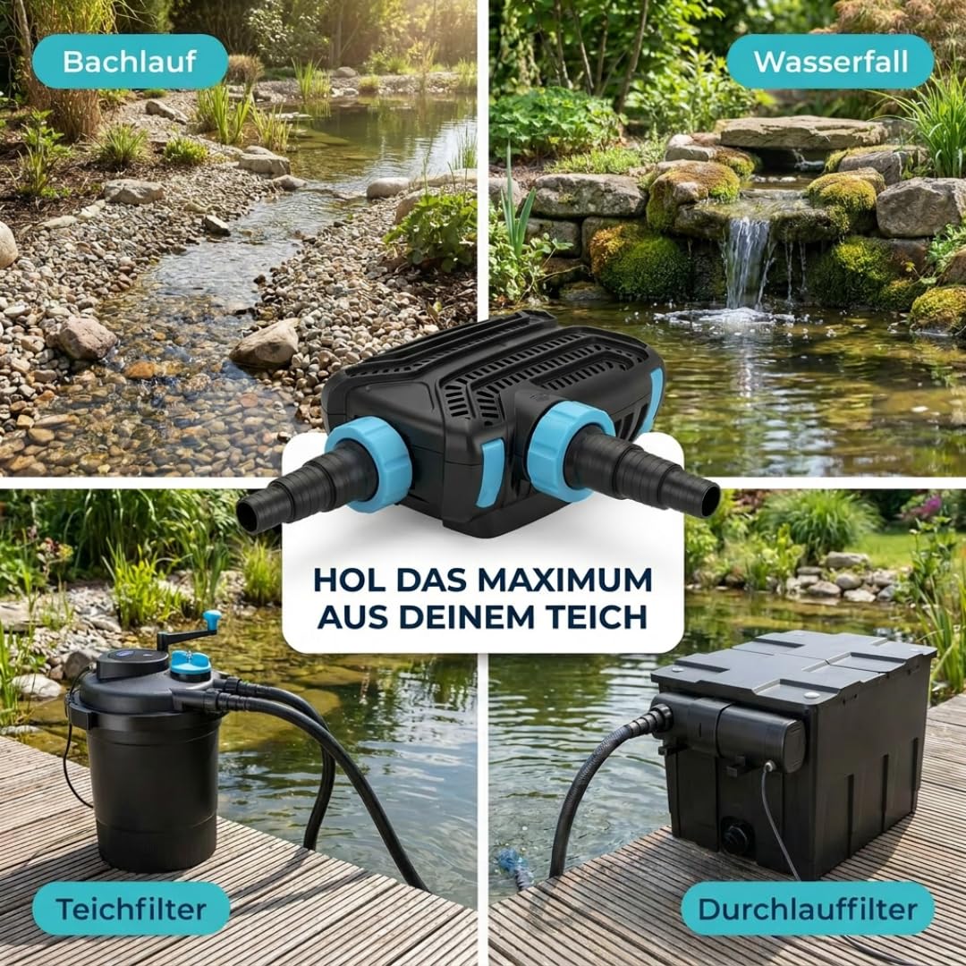 Teicher Filterpumpe EP-5200X [Neues Modell] – Teichpumpe für außen 40W, 5200 l/h Energie effizient | Bachlaufpumpe Gartenteich Bachlauf Wasserfall | Filter Pumpe Teich Pond Pump Teichpumpen IPX8 Norm